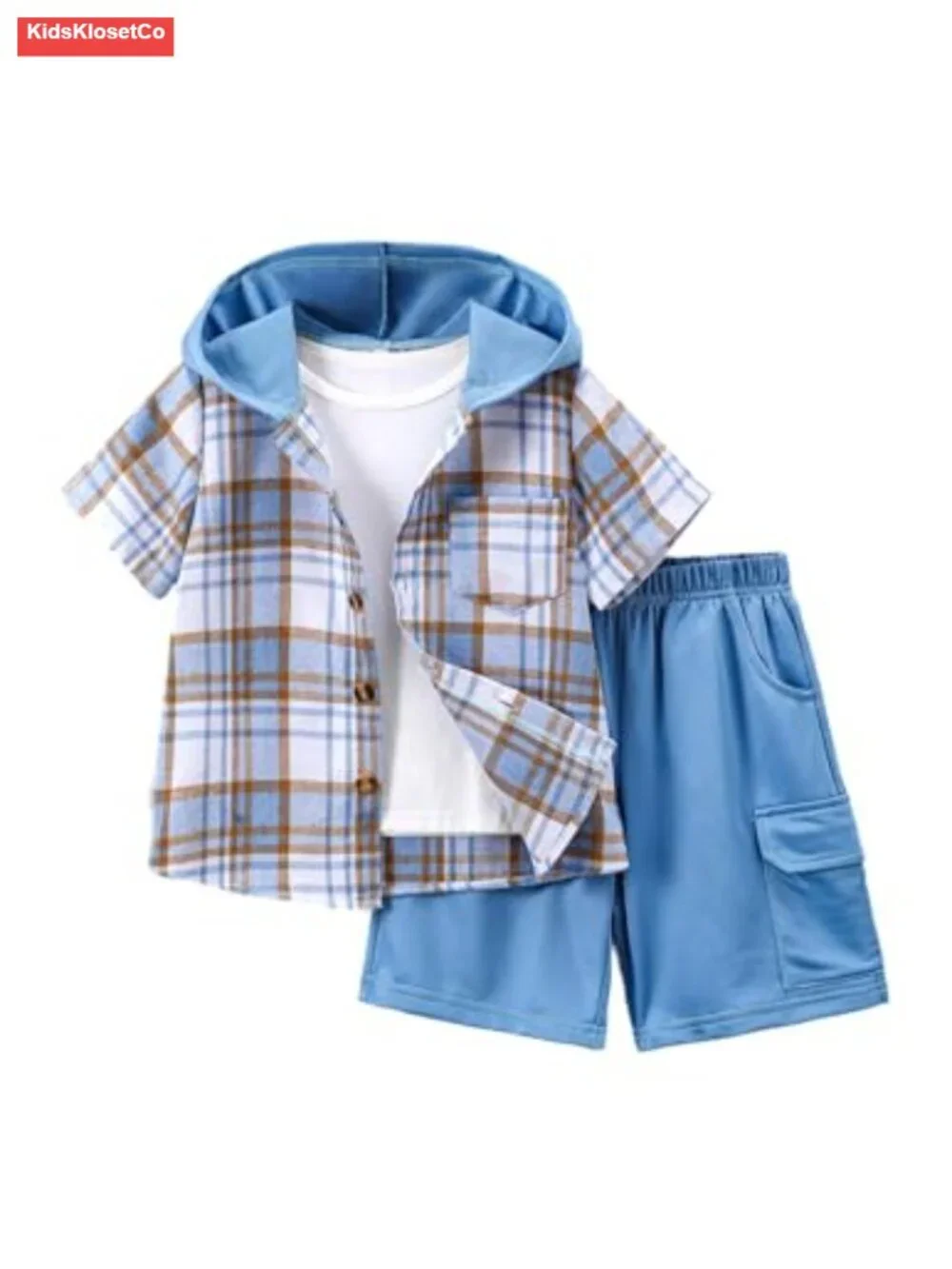 Boys Short Sleeve Hooded Plaid Button Shirt and Jogger Shorts Set